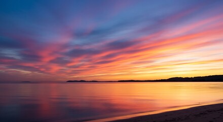 Coucher soleil flamboyant reflets dor�s plage calme eau paisible ciel vibrantes couleurs. AI Generated