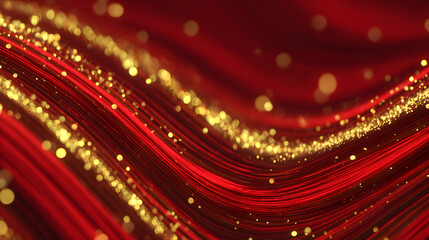 Abstract background with bold red glitch, gold glitter trails, and festive bokeh effects