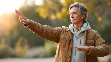 Fototapeta premium A man practicing Tai Chi outdoors during golden hour, embracing mindfulness and tranquility 