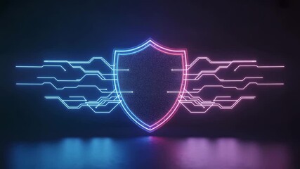 Dynamic neon shield with glowing circuit lines pulses with digital energy, symbolizing advanced cybersecurity and data protection in a modern technological era. - Powered by Adobe