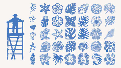 Illustration of a man on a ladder surrounded by various floral and leaf elements in blue ink style