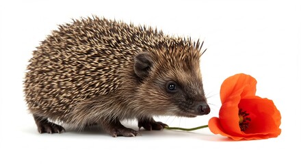 Obraz premium H�risson curieux sent d�licatement coquelicot rouge vif lumi�re douce. AI Generated