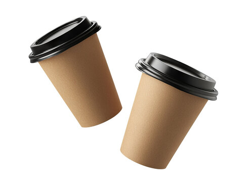 Two brown paper coffee cups with black lids floating, isolated on transparent cutout background