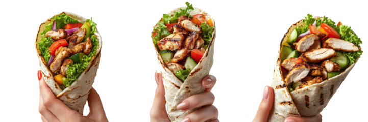 Set of delicious shawarmas in a woman's hand isolated on transparent background PNG