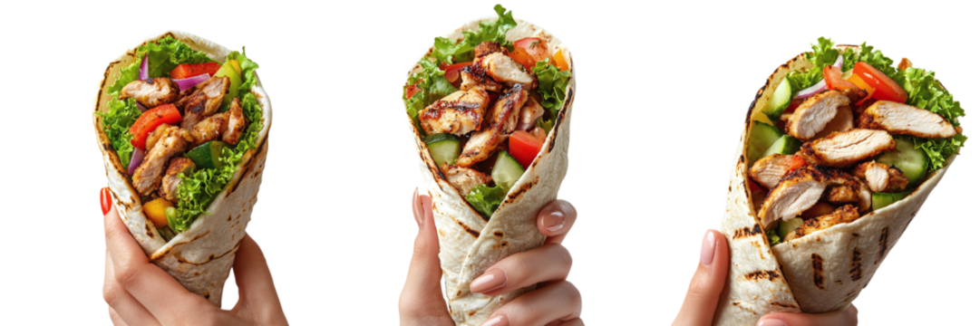 Set of delicious shawarmas in a woman's hand isolated on transparent background PNG - Powered by Adobe