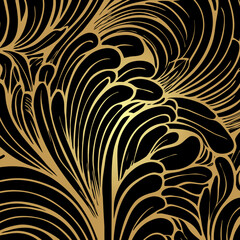 Golden luxury irregular organic shape seamless pattern. Luxury templates with golden linear leaves on black background. Line art with branches. Botanical vector illustration. Floral pattern