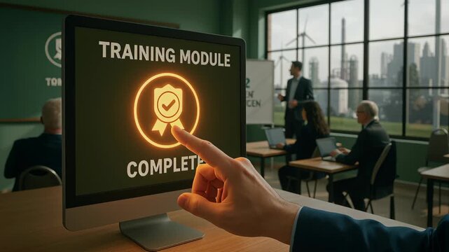 Training module complete computer screen with hand pointing industrial office and classroom focused green hydrogen energy and sustainable technology