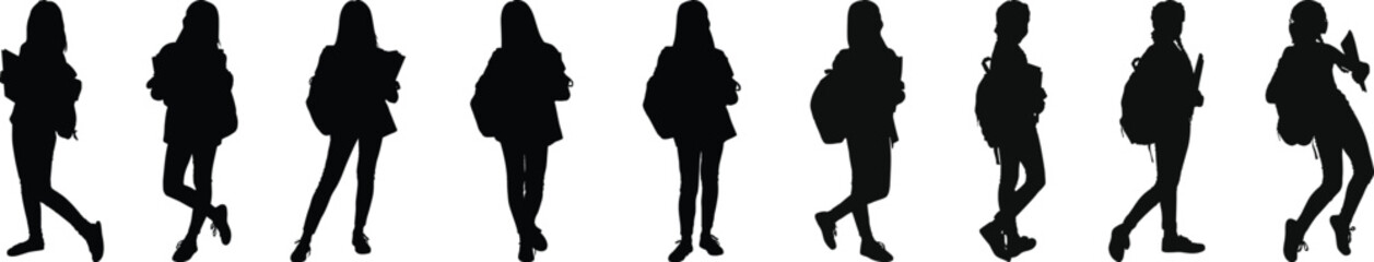 Silhouette of female students with backpacks in different standing poses, black vector figures on white background, perfect for education, school, college, university, or academic design themes