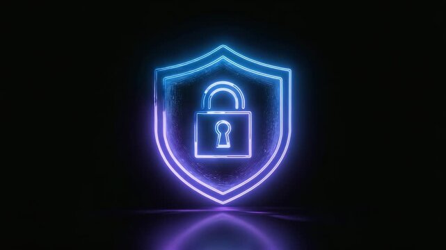 Digital shield and padlock glowing with vibrant neon blue light symbolizing cybersecurity, data protection, and secure online access in a modern tech concept