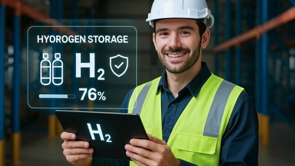 Green hydrogen industrial energy storage technology with worker holding tablet and safety helmet checking futuristic interface warehouse environment - Powered by Adobe