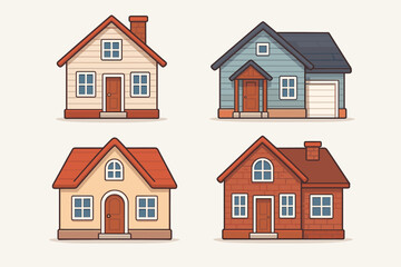 Vector house collection of 4 homes. Set of cartoon suburban family house designs. Real estate property icon. Residential building front view. Architecture illustration.