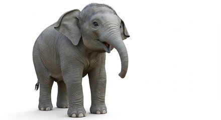 Fototapeta premium B�b� �l�phant adorable pose souriante lumi�re douce fond blanc. AI Generated