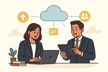 Businesspeople collaborating with cloud technology. Teamwork concept with man and woman working on laptop and tablet. Data sharing and online storage vector illustration.