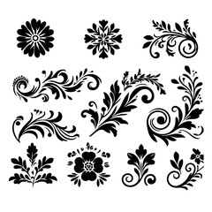 set of floral scroll design vector , set of floral scroll design silhouette