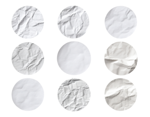 Set of crumpled white paper circles, isolated on transparent cutout background