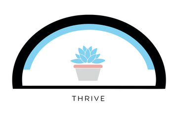 Potted succulent plant inside a semi-circular arch with text THRIVE potted plant