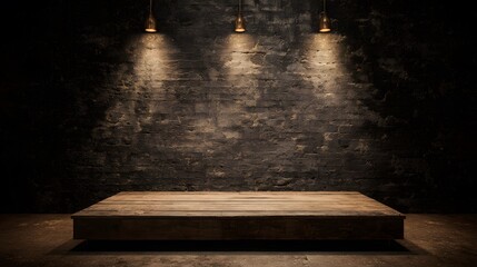 Rustic wooden platform with warm spotlights on textured dark stone wall