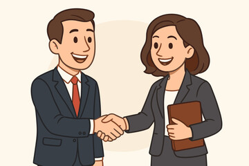 Business deal handshake. Two businesspeople, man and woman, smiling. Friendly partners coming to an agreement. Successful collaboration. Partnership concept. Vector cartoon.