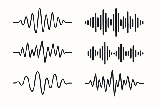 Sound waves set. Music waveform, audio spectrum, and equalizer graph collection. Voice signal frequency, soundwave amplitude diagram. Digital audio visualization vector icons.