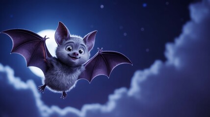 Obraz premium A whimsical cartoon bat soaring through a star filled night sky illuminated by the moon spreading joy and wonder with
