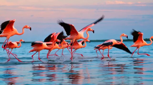 Flamants roses courant au lever du soleil