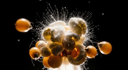 Obraz premium Dynamic High-Speed Macro Shot of Popcorn Kernels Popping with Explosive White Trails on Black Background