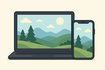 Laptop and smartphone mockup with nature landscape wallpaper. Responsive web design concept. Vector cartoon illustration of computer and phone screens for UI/UX presentation.