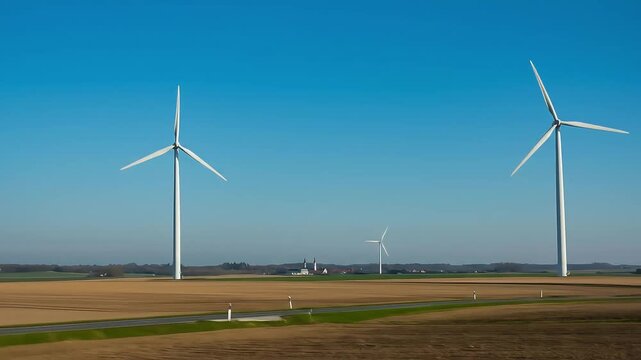 Truck Driving Past Wind Turbines On A Road Through Agricultural Fields Under A Clear Blue Sky