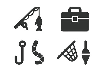Fishing equipment solid glyph icon set. Angling sport and hobby concept. Vector collection with fishing rod, tackle box, hook, worm bait, net, and float bobber symbols.