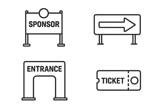 Event branding icon set. Outline icons for marketing and promotion. Includes sponsor panel, directional sign, entrance arch, and ticket. Vector symbols for festival or conference.