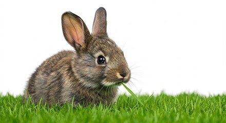 Fototapeta premium Lapin mignon mangeant herbe verte claire fond blanc. AI Generated