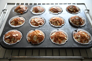 Freshly baked almond muffins in a baking tray, topped with sliced almonds. Homemade dessert in paper liners, cooling on a metal rack in natural kitchen light.