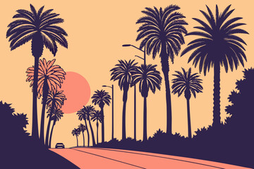 A sunset silhouettes palm trees along Sunset Boulevard in Los Angeles, California, a symbol of glamor and grit.