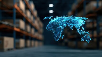 air freight shipment hub Digital world map overlaying a warehouse setting, symbolizing logistics and connectivity.