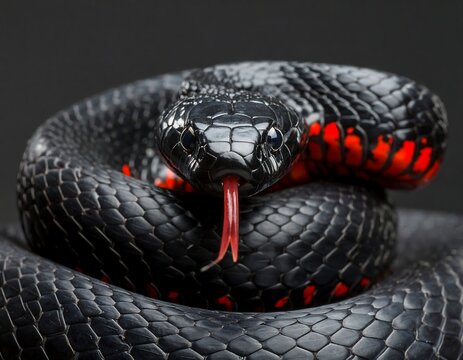 Close-up of a coiled black snake with red accents, its tongue flicking out - Powered by Adobe