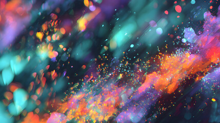 Colorful digital texture with iridescent glitch, light particles, and festive glitter haze