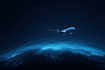 Fototapeta premium air freight shipment hub Aerial view of an airplane flying above a glowing world map with flight paths.