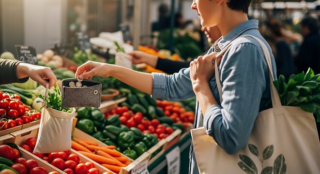 Sustainable shopper pays for organic greens at vibrant farmers market using reusable tote bag and coin purse