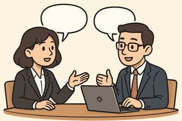 Two people engaging in a professional conversation or interview at a table with speech bubbles and laptop, business meeting, communication, dialogue, teamwork, collaboration concept, office discussion