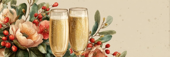 Elegant celebration with sparkling beverages and floral arrangement in soft colors for special occasions