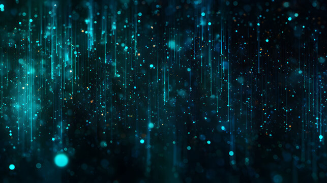Dark abstract glitch grid with teal neon pulses, blue glitter, and cinematic bokeh overlay