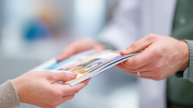 Close up of hands exchanging healthcare brochure symbolizing care, support, and services exchange