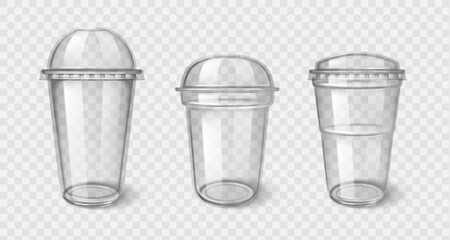 Plastic takeaway cups with transparent lid - clear disposable coffee, tea or cocktail containers. Beverage vessels with dome and flat covers for hot or cold drinks. Realistic takeaway glasses mockups