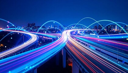 Illuminated Highway Network with Data Flow Arcs Over Cityscape at Night