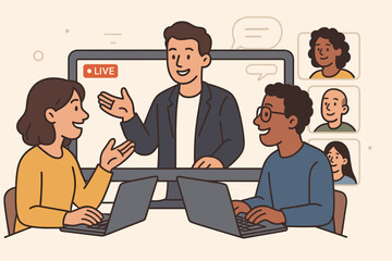 Webinar live stream with a speaker on screen. Online business course and virtual lecture. People with laptops in a video conference meeting. Digital teamwork and communication.