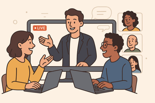 Webinar live stream with a speaker on screen. Online business course and virtual lecture. People with laptops in a video conference meeting. Digital teamwork and communication.