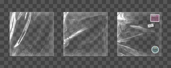 Clear plastic vinyl wrap set - transparent packaging materials, glossy protective film sheets with classic sticker, pink barcode label, price tag of retail display for storage and shipping purposes.