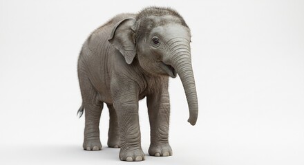 Obraz premium Adorable jeune �l�phant pose doucement lumi�re douce fond blanc. AI Generated