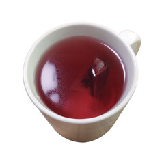 A curated collection of images showing hot hibiscus tea in white mugs.