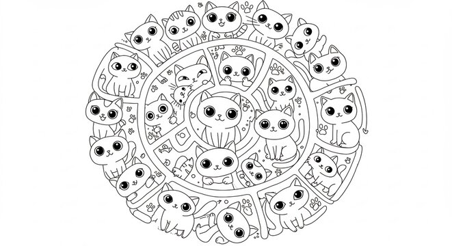 Mandala chats adorables dessin anim� noir blanc relaxant. AI Generated